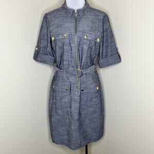 Sharagano Venice Shirt Dress 12 Blue Denim Twill Half Zip D Ring Belted Cotton